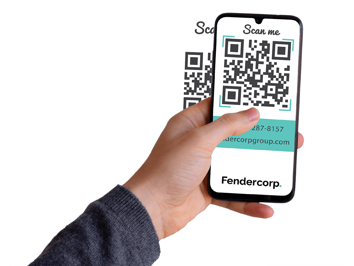 Hand holding a phone that shows a Fendercorp QR code