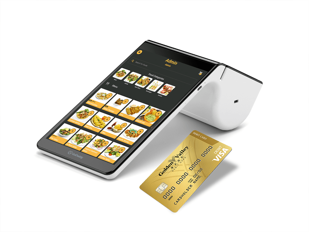 Handwich point-of-sale app on a payment terminal next to a card